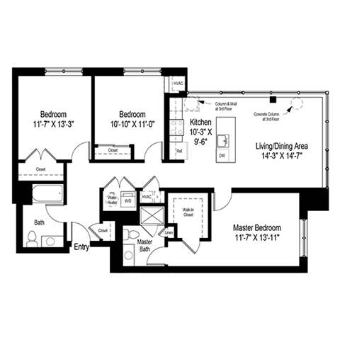 Floor plan for 3 beds, 2 baths, 1365 sqft